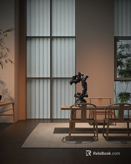 Traditional Tea Room Interior With Wooden Furniture Rock And Plants 3d model 