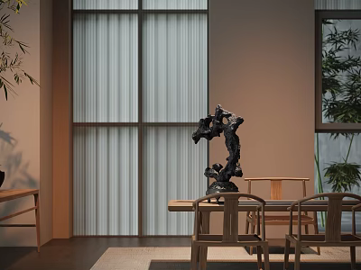 Traditional Tea Room Interior With Wooden Furniture Rock And Plants 3d model