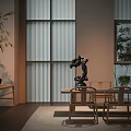 Traditional Tea Room Interior With Wooden Furniture Rock And Plants