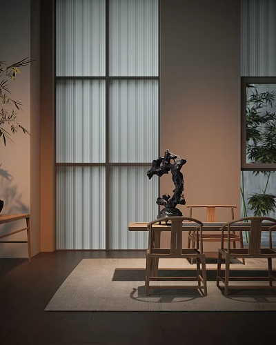 Traditional Tea Room Interior With Wooden Furniture Rock And Plants 3d model