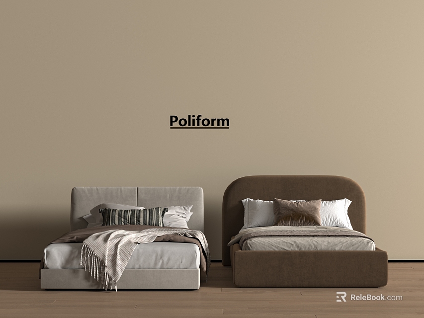 Poliform Single Beds With Light Gray Dark Brown Headboards Pillows Blankets Beige Wall Wooden Floor 3d model 