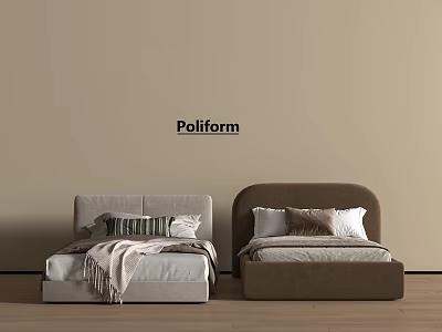 Poliform Single Beds With Light Gray Dark Brown Headboards Pillows Blankets Beige Wall Wooden Floor 3d model