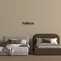 Poliform Single Beds With Light Gray Dark Brown Headboards Pillows Blankets Beige Wall Wooden Floor