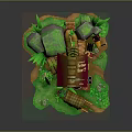Cartoon Scene With Small House Brown Roof Barrel Drink Can Ladder And Green Grass