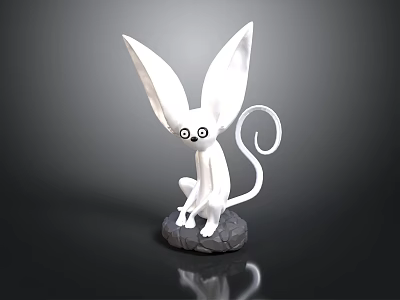 White Sculpture With Large Ears Big Eyes And Curled Tail Sitting On Stone Base 3d model