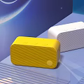 Yellow And White Wireless Speakers With Mesh Design Button Controls On Blue Gradient Cosmic Background 3d model