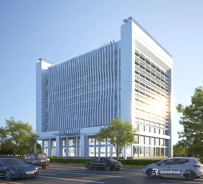 Modern High Rise Office Building With Vertical Striped Facade Sunlit Exterior And Trees 3d model 