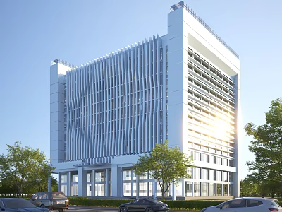 Modern High Rise Office Building With Vertical Striped Facade Sunlit Exterior And Trees 3d model