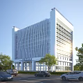 Modern High Rise Office Building With Vertical Striped Facade Sunlit Exterior And Trees