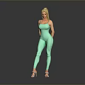 Blonde Woman in Green Jumpsuit Standing with High Heels on Gray Background