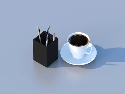Stylish Desk Accessories Black Pen Holder With Pens And White Coffee Cup On Saucer 3d model