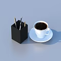 Stylish Desk Accessories Black Pen Holder With Pens And White Coffee Cup On Saucer