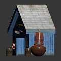 Blue Wooden Residential Building With Gray Roof Arched Door Lifebuoy Small Boat And Red Buoy
