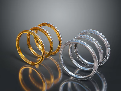 Stacked Gold And Silver Bracelets With Inlaid Decorations On Dark Background With Reflections 3d model