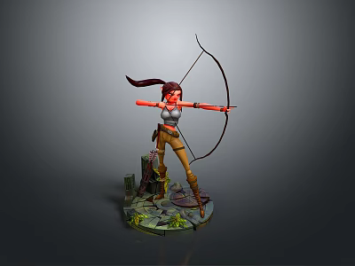 Woman with red hair holding bow wearing brown pants and boots on green base statue 3d model