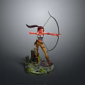 Woman with red hair holding bow wearing brown pants and boots on green base statue