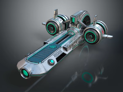 Futuristic Sci Fi Hover Vehicle With Silver Body Four Green Glowing Thrusters And Geometric Patterns 3d model
