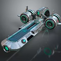 Futuristic Sci Fi Hover Vehicle With Silver Body Four Green Glowing Thrusters And Geometric Patterns