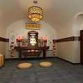 Traditional Chinese Buddhist Worship Hall Interior With Buddha Statues Altar Table Lanterns And Mats