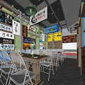 Korean Restaurant Interior With Wooden Tables Chairs Green Pendant Lights Blue Tiled Walls And Posters
