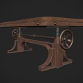 Vintage Industrial Dining Table With Wooden Top And Metal Gear Wheels Design