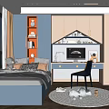 Tatami Bedroom Interior Design With Blue Bed Window Bookshelf Desk Computer Chair Rug And Decorations