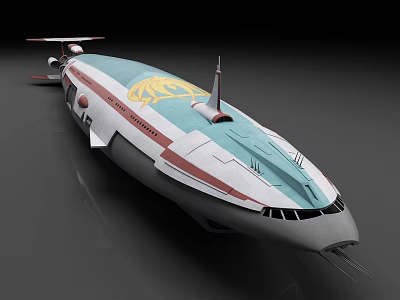 Futuristic Spaceship With Blue White Red Exterior Golden Emblem Streamlined Design And Cockpit Windows 3d model