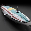 Futuristic Spaceship With Blue White Red Exterior Golden Emblem Streamlined Design And Cockpit Windows