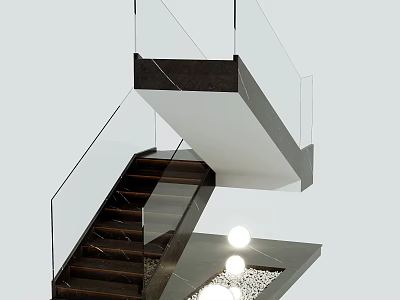 Modern Staircase With Glass Railing Wooden Steps And Interior Lighting Design 3d model