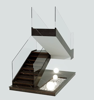 Modern Staircase With Glass Railing Wooden Steps And Interior Lighting Design 3d model