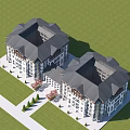 Modern Residential Building Exterior Design With Multistory White Facade Gray Roof Green Lawn And Trees