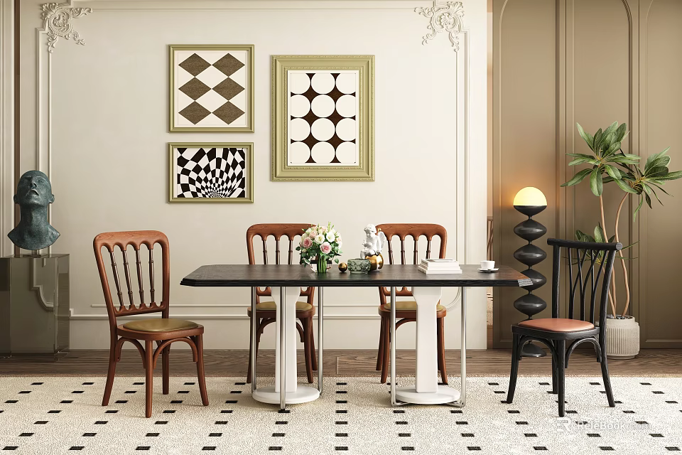 Black Modern Dining Table Set With Four Chairs Decorative Artworks Floor Lamp And Green Plant 3d model 