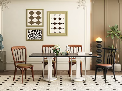 Black Modern Dining Table Set With Four Chairs Decorative Artworks Floor Lamp And Green Plant 3d model