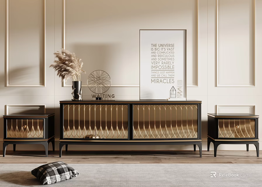 Elegant Modern TV Stand With Glass Doors Gold Accents And Decor Items 3d model 