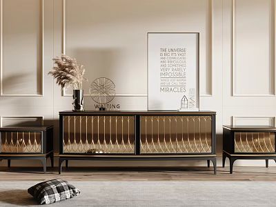 Elegant Modern TV Stand With Glass Doors Gold Accents And Decor Items 3d model