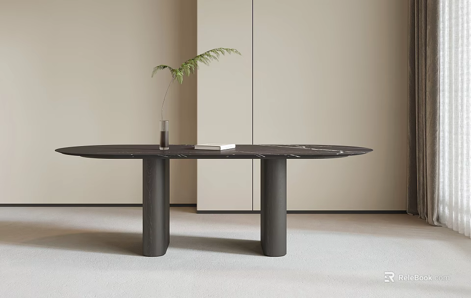 Minimalist Modern Dining Table with Black Tabletop Two Cylindrical Legs Vase Green Plant and Book 3d model 