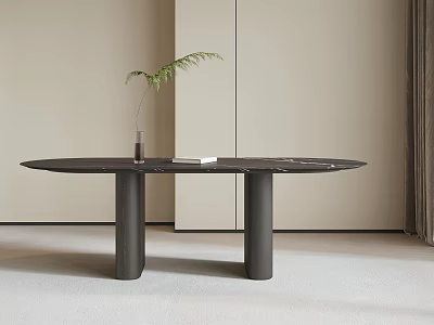 Minimalist Modern Dining Table with Black Tabletop Two Cylindrical Legs Vase Green Plant and Book 3d model