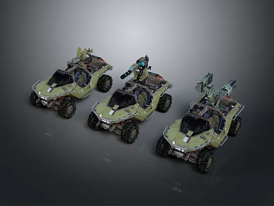 Three Military Off Road Vehicles With Tactical Equipment And Green Camouflage 3d model