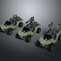 Three Military Off Road Vehicles With Tactical Equipment And Green Camouflage