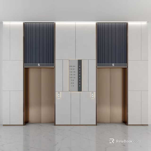 Modern Elevator Lobby Design With Brushed Metal Doors Control Panel And Wall Paneling 3d model