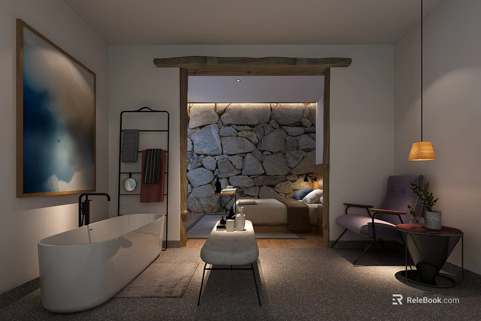 Elegant Hotel Room Interior Design with Stone Wall Bathtub Bed Cozy Chair and Hanging Lamp 3d model 