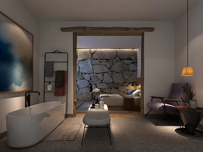 Elegant Hotel Room Interior Design with Stone Wall Bathtub Bed Cozy Chair and Hanging Lamp 3d model