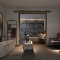 Elegant Hotel Room Interior Design with Stone Wall Bathtub Bed Cozy Chair and Hanging Lamp