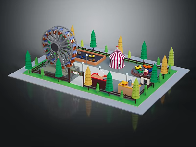 Miniature Amusement Park Architecture Featuring Ferris Wheel Colorful Tent And Green Yellow Trees 3d model