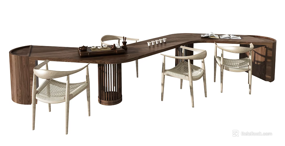 Modern Wooden Tea Table with Rattan Chairs and Tea Set for Living Room 3d model 