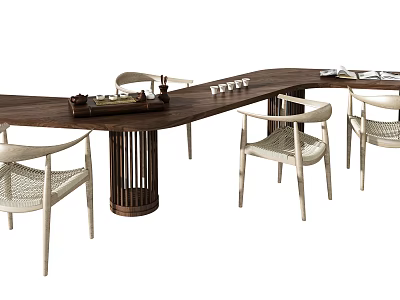 Modern Wooden Tea Table with Rattan Chairs and Tea Set for Living Room 3d model