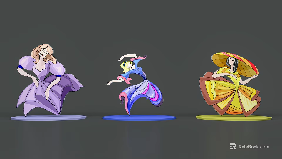 Three Female Modals In Colorful Dresses With Dancing Poses Illustration 3d model 