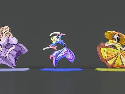 Three Female Modals In Colorful Dresses With Dancing Poses Illustration 3d model