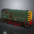 Green Train Locomotive with Yellow Black Stripes Red Undercarriage on Reflective Background