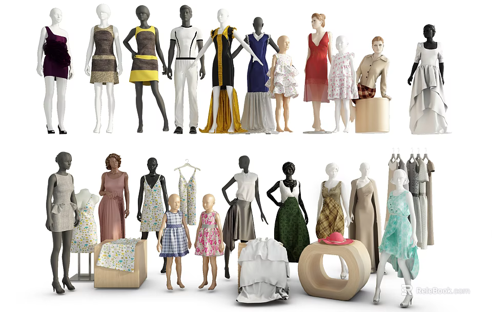 Models In Diverse Clothing Styles Including Adult And Child Outfits With Display Racks 3d model 